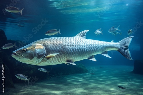 Generative AI : Indo Pacific tarpon, Fish, Megalops cyprinoides, Tarpon Indo Pacific or Megalops cyprinoides fish in aquarium, 4k image, Landscape Photography, Under water Fish Scenery