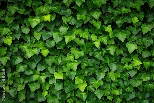 Lush greenery. Ivy covered garden wall. Nature tapestry. Fresh leaves on wall. Summer greens. Close up of leaf on fence. Botanical beauty. Vibrant patterns
