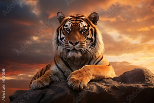 Generative AI : Tiger looking on the rock with beautiful sky at sunset photo