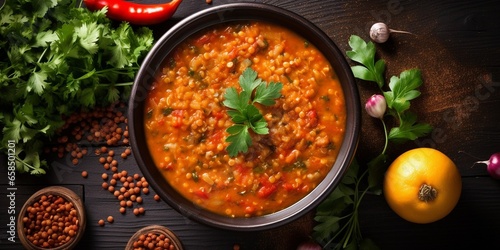 Generative AI : vegetable soup with red lentils and tomatoes close-up on the table photo