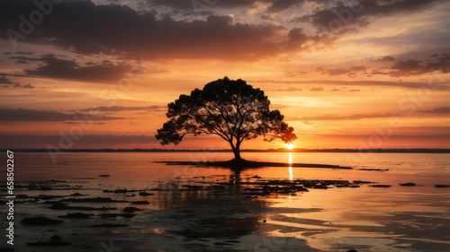 trees near water during beautiful sunset, generative ai © sarkerdevjs