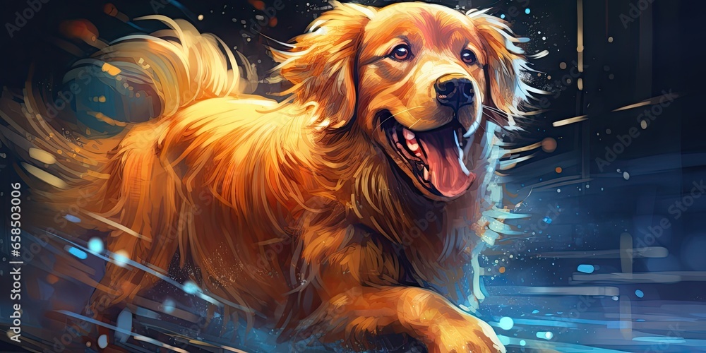 illustration of a golden retriever is running, painting style, generative AI