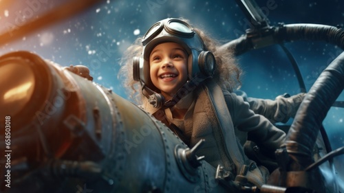 Aviator Girl, excited, flying above clouds in the sky. Generative AI image weber.