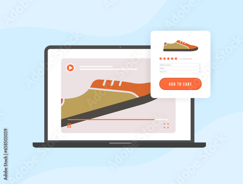 Shoppable Videos - Marketing Video with Embedded Product Links concept. Increase Customer Engagement and Conversion Rates. Vector isolated illustration on blue background with icons