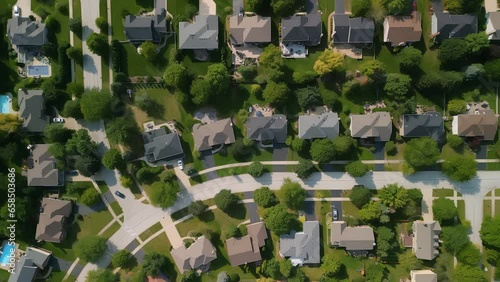 Aerial Drone above shot of american new suburb at summertime. Establishing shot of neighborhood. Dtone footage photo