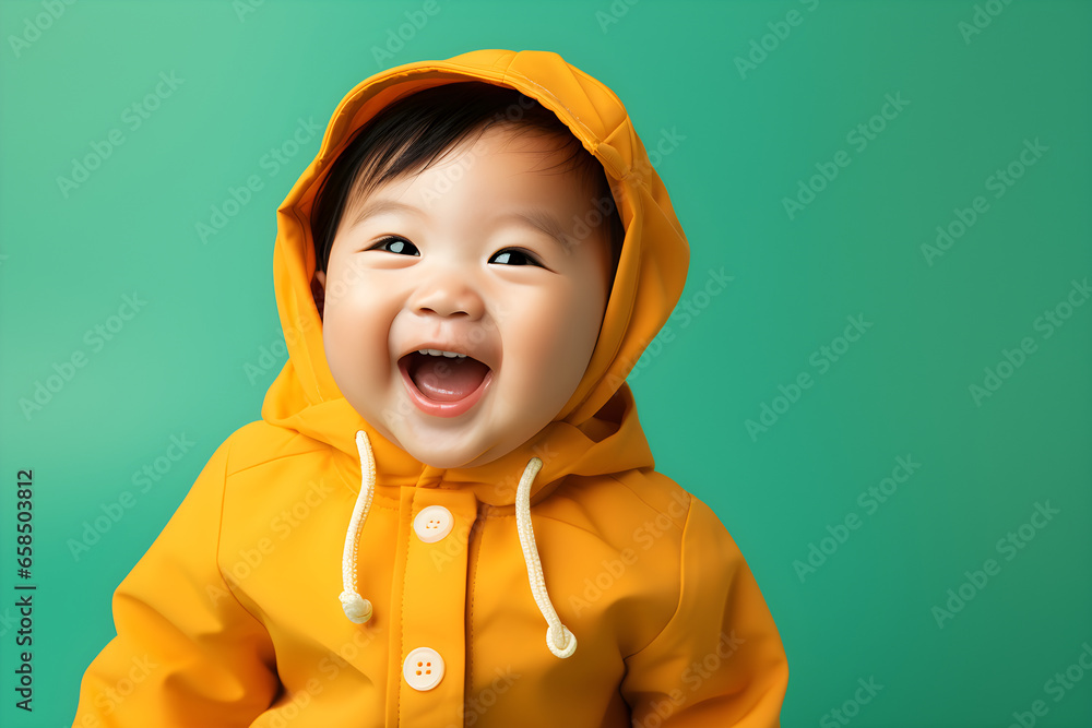 Portrait of a cute Asian American baby boy wearing yellow hoody laughing on bright green background Portrait of a cute Asian American baby boy wearing yellow hoody laughing on bright green background