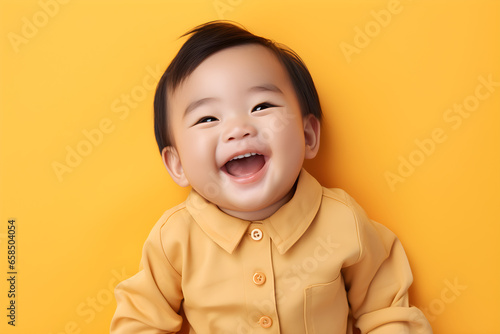Portrait of a cute Asian American baby boy wearing yellow shirt laughing on yellow background