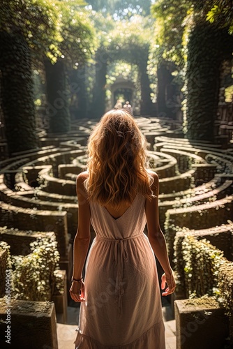 A woman stands in a maze and thinks, view from the back. The concept of difficulty in making a decision.
