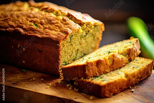 Loaf of homemade zucchini bread, emphasizing the golden crust and moist interior,close up photography shot to highlight the texture. Generative AI