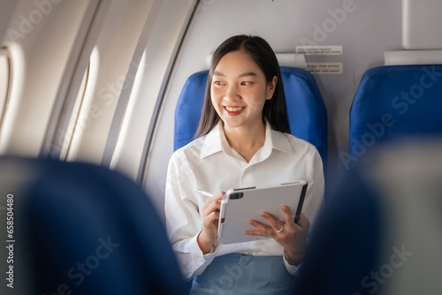 Using tablet pc, Thoughtful asian people female person onboard, airplane window, perfectly capture the anticipation and excitement of holiday travel. chinese, japanese people.