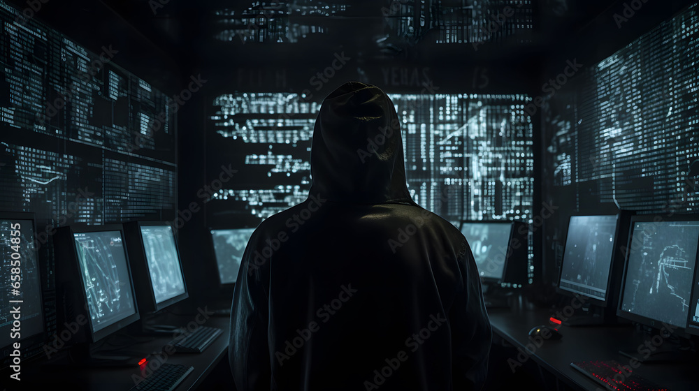 Obscured Hacker in Hood in Dark Room with Multiple Screens Displaying Code, AI Generated Image Obscured Hacker in Hood in Dark Room with Multiple Screens Displaying Code, AI Generated Image
