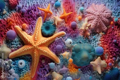 Abstraction using colorful sea sponges and starfish  © PinkiePie