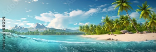illustration of tropical paradise wallpaper with palm trees and a turquoise ocean, generative AI © VALUEINVESTOR