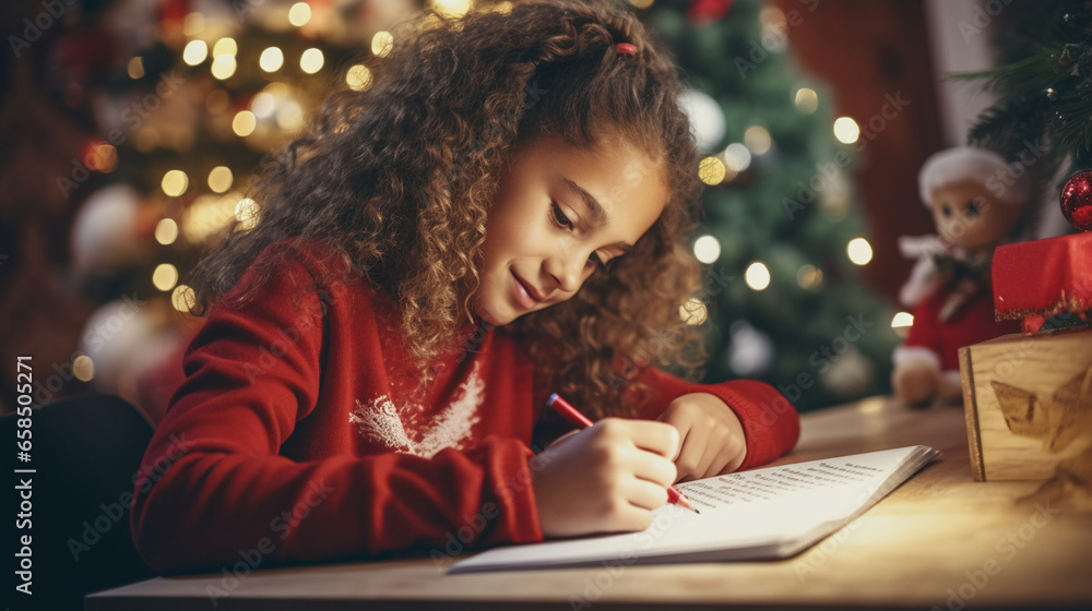 children writing letter to santa near Christmas tree. children writing letter to santa near Christmas tree.