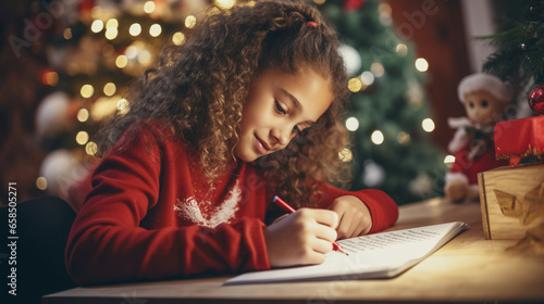 children writing letter to santa near Christmas tree.