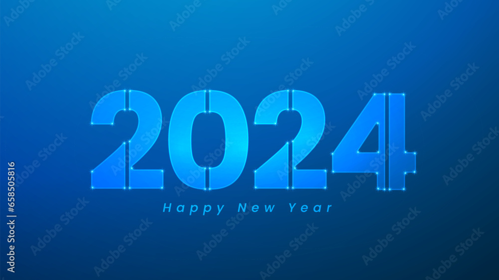 New Year 2024 with neon and light numbers on a blue background New Year 2024 with neon and light numbers on a blue background