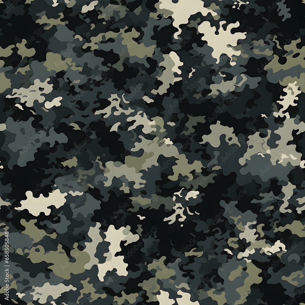 Seamless rough textured military, hunting or paintball camouflage pattern in a dark black and grey night palette. Tileable abstract contemporary classic camo fashion textile surface. Generative AI Seamless rough textured military, hunting or paintball camouflage pattern in a dark black and grey night palette. Tileable abstract contemporary classic camo fashion textile surface. Generative AI