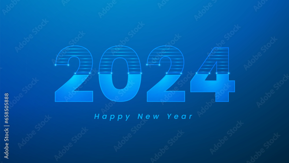New Year 2024 with neon and light numbers on a blue background New Year 2024 with neon and light numbers on a blue background