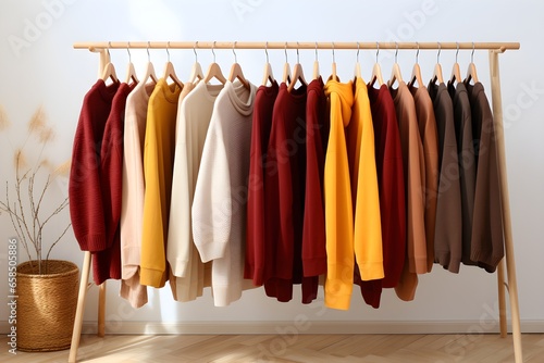 weaters on rack in a living room, in the style of warm color palette, minimalistic composition, elegant clothing, organic material, light maroon and orange, women designers. Generative AI