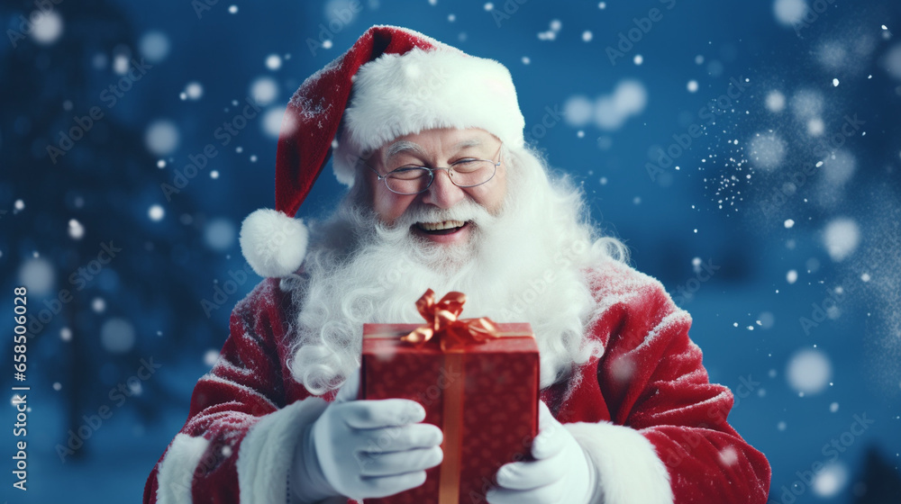 Happy Santa Claus opening christmas gift box over snowy blue background Happy Santa Claus opening christmas gift box over snowy blue background