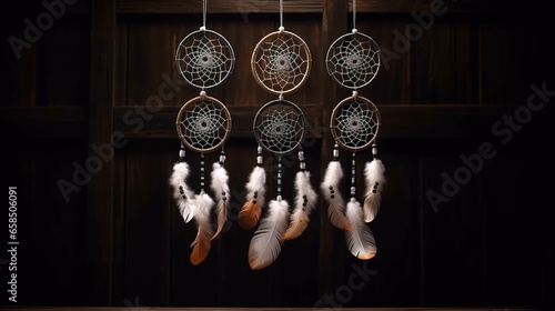 3 attache dWhite dream catcher with feather hanging at black wooden background 4k, high detailed, full ultra HD, High resolution photo