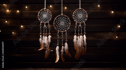 3 attache dWhite dream catcher with feather hanging at black wooden background 4k, high detailed, full ultra HD, High resolution photo