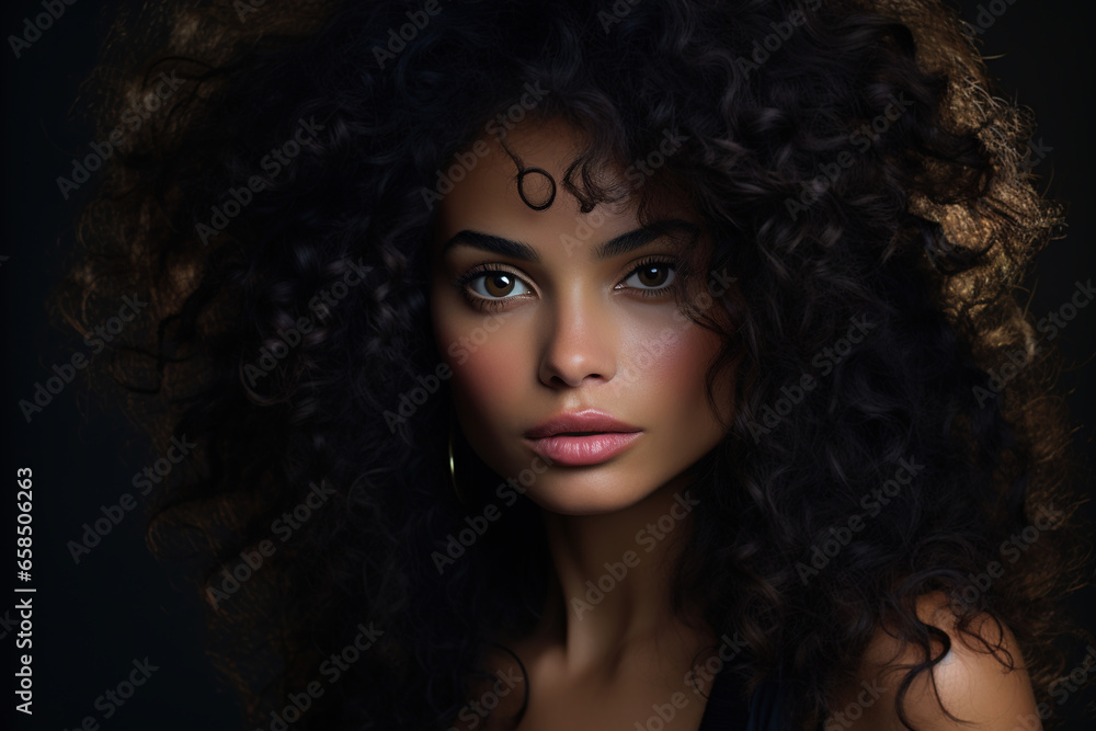 Fototapeta premium Feminine fashion portrait of an African American woman with an Afro hairstyle looking at camera