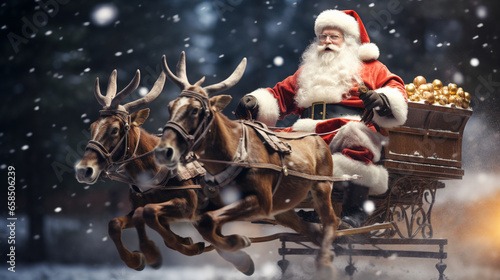 santa claus riding on sleigh with gift box