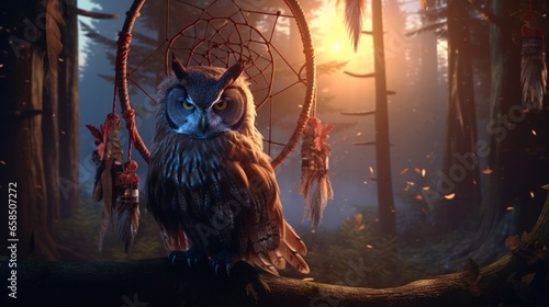 a dream catcher with an owl motif in the dawn forest 4k, high detailed, full ultra HD, High resolution