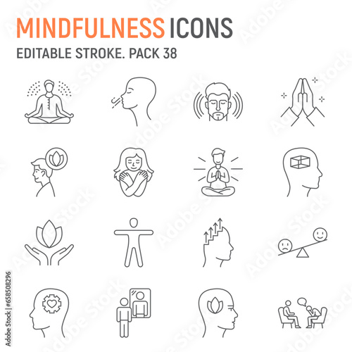 Mindfulness line icon set, meditation collection, vector graphics, logo illustrations, positive thinking vector icons, mindfulness signs, outline pictograms, editable stroke