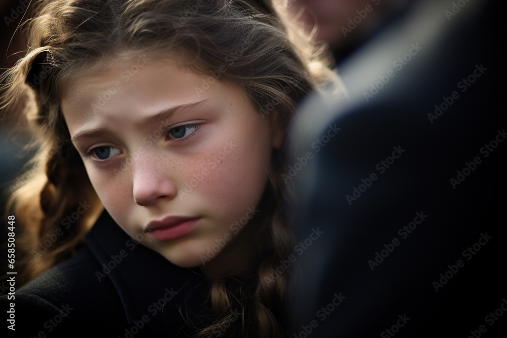 Portrait of a sad little girl on the background of the crowd.Funeral concept Portrait of a sad little girl on the background of the crowd.Funeral concept