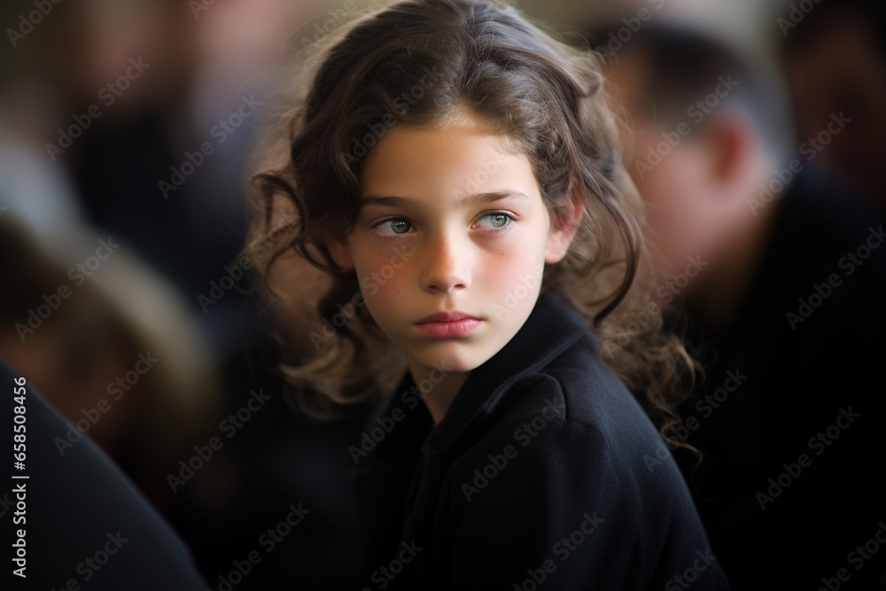 Portrait of a sad little girl on the background of the crowd.Funeral concept Portrait of a sad little girl on the background of the crowd.Funeral concept