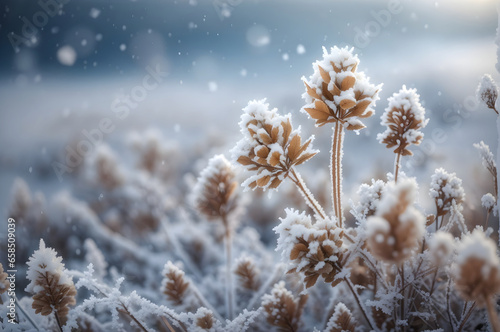 frost covered dry plants during snowfall. Winter background