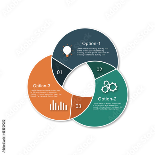 Three overlapping circles infographic. Venn diagram concept