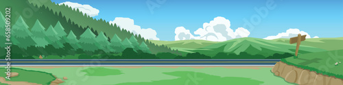 Vector or Illustrator of landscape transportation of asphalt road natural area. Front view of green  grass with road signs made of wood. mountains and pine forests are densely covered. under blue sky.