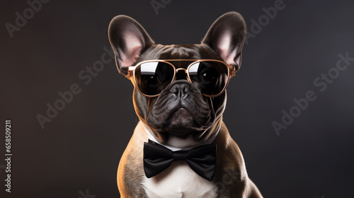 Brown french bulldog wear sunglasses © Saikat