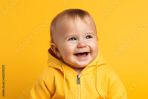 Joyful Blond Baby in Yellow Outfit on Yellow Background