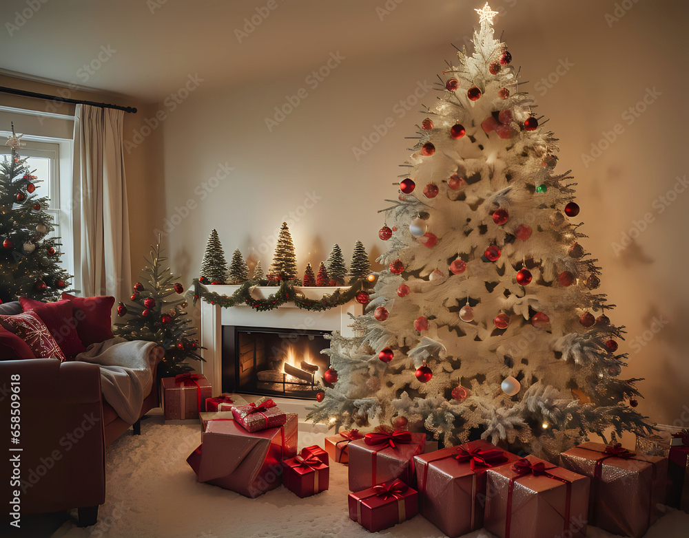 The living room of a house at night during Christmas, illuminated with Christmas lights and the fireplace's warmth, featuring Christmas trees and gifts.	