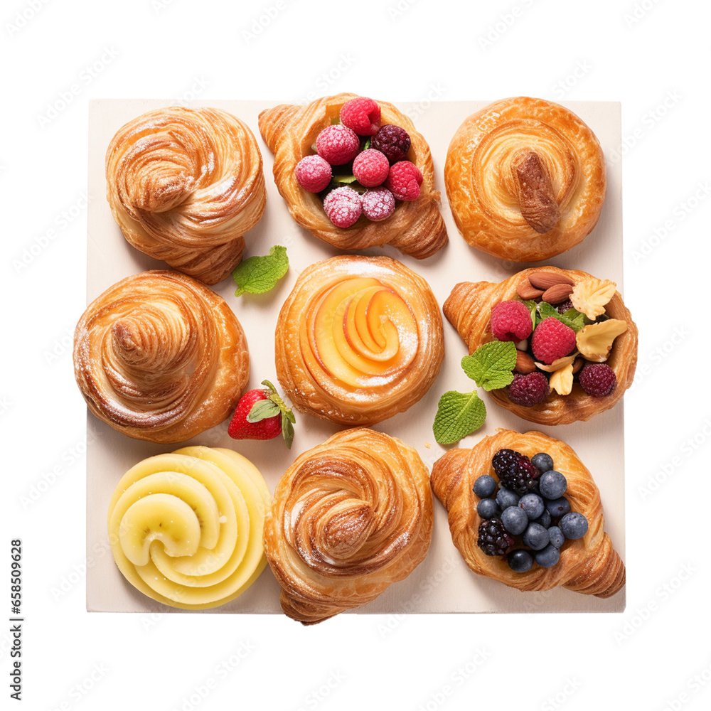 An assortment of buttery Danish pastries, with fruit and cream fillings, laid out in a captivating arrangement on the clean, white backdrop.