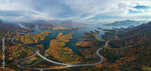 Panorama view of beautiful mountains in autumn at Chungju Lake, South Korea. photo