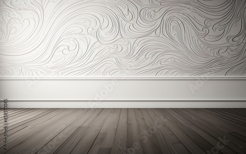 White empty wall with abstract wavy lines armament and wooden floor. Classic moldings and frame. Minimalist interior background presentation.