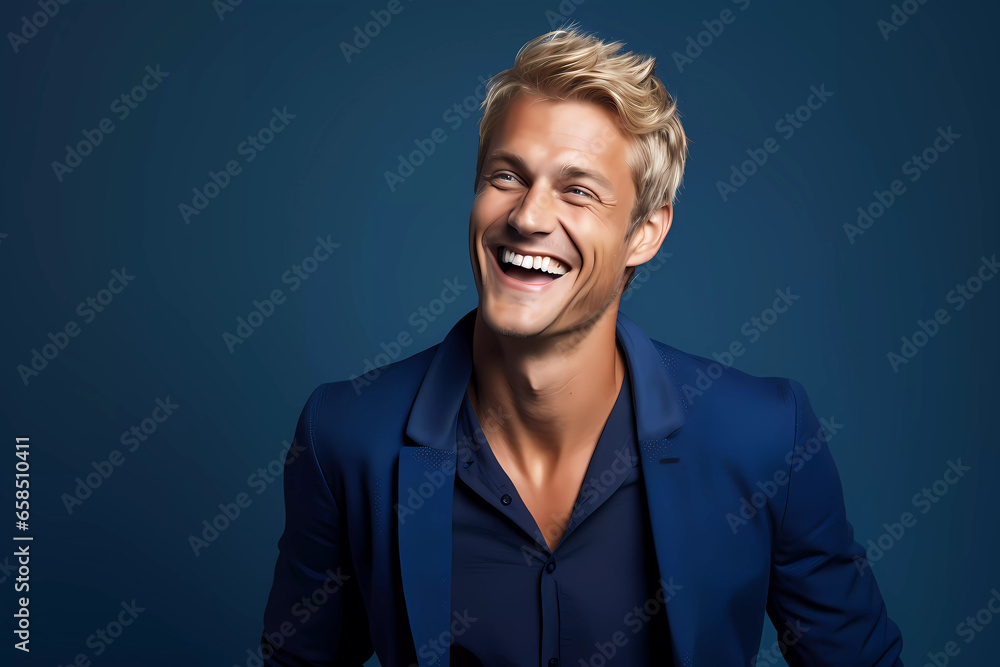 Fototapeta premium Dashing Blond Man with Blue Eyes in Navy Outfit Against a Solid Navy Backdrop
