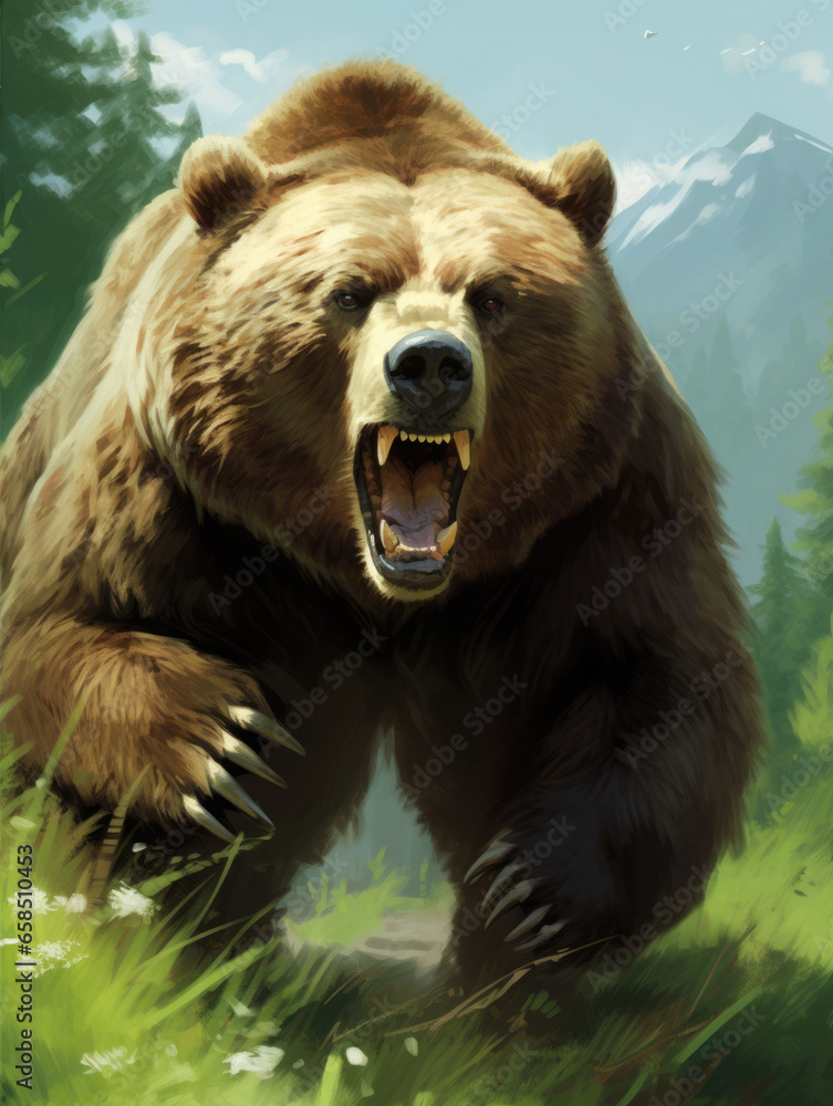 Angry bear against the backdrop of nature. Digital art.