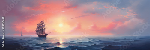 A ship at sea. Panoramic view. Digital art.