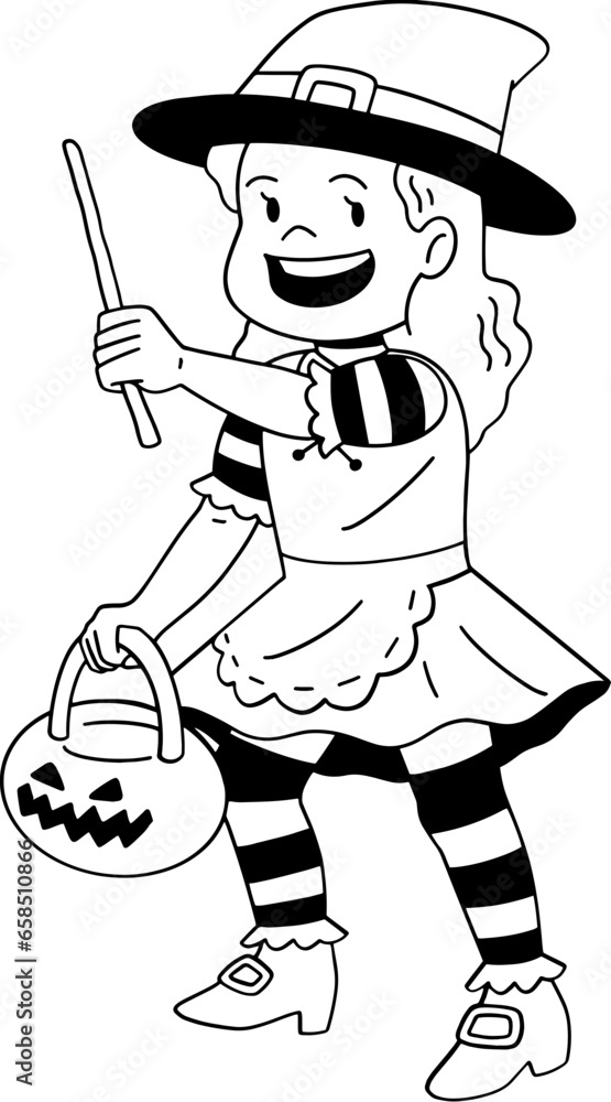 Cute little witch cartoon character outline, coloring page