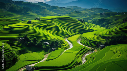 Green Terraced Rice Field in Mu Cang Chai, YenBai, Vietnam, 