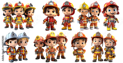 set of cute firefighters 3d, png on transparent isolated Background, generated ai photo