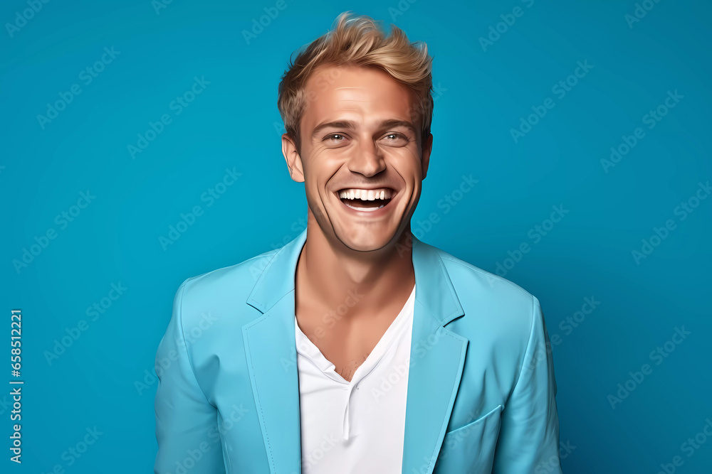 Radiant Blond Man with Blue Eyes Laughing in Bright Blue Apparel Against Solid Blue Background Radiant Blond Man with Blue Eyes Laughing in Bright Blue Apparel Against Solid Blue Background