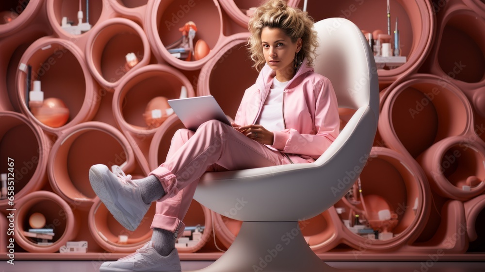 Quirky creative woman and lounging in a futuristic pink setting