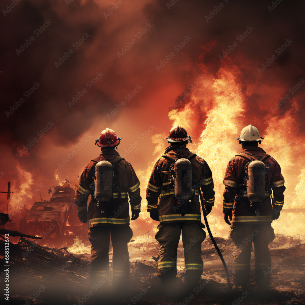 A firefighter stands in front of a burning fire